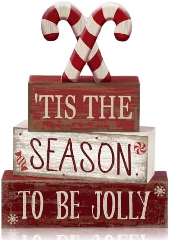 Lineshading 4 Pcs Christmas Table Decorations, Red White Candy Wood Signs by Lineshading