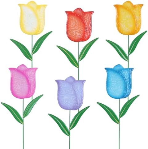 hogardeck Garden Decor for Outside, Set of 6 Metal Tulip Flowers Decorative Garden Stakes for Yard Decor, Outdoor Decorations Yard Art for Lawn Front Porch Pathway Patio (Multi-Color) by HOGARDECK