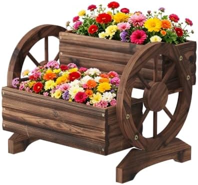 Wooden Wagon Planter Cute Garden Flower Pots Cart with wheels, Outdoor Decoration decor Indoor, Drainage hole, Garden decor for succulents herbs veggies for porch patio balcony (Carbonized, Medium) by Dawnyard