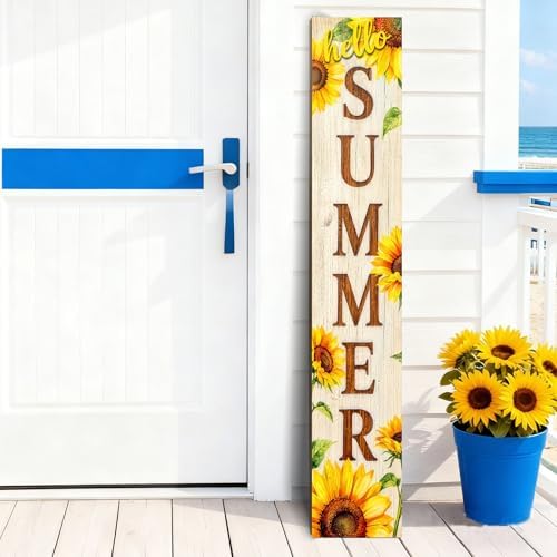 Hello Summer wooden porch sign Vertical hanging decorations Welcome sign front door standing Decorative sign 47x7.8Inch Sunflower pattern Suitable for Outside Decor by Unknown