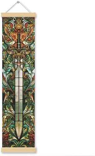 Stained Glass Sword Porch Decor Banner, 31.5 x 7.8 Inch Canvas Hanging Banner with Wooden Rods, Gothic Fantasy Wall Accent for Entryway, Game Room, Patio, Indoor Outdoor Display by Unknown