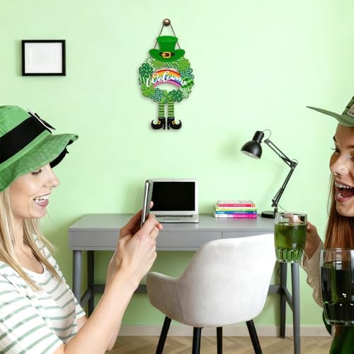 Happy St. Patrick's Day Welcome Wooden Hanging Sign 13.4x12.8 Inch St Patricks Day Rainbow Shamrock Wreath Sign for Front Door Decor,Irish Spring Lucky Gnome Wood Wreath Indoor Wall Hanging Decoration - Image 6