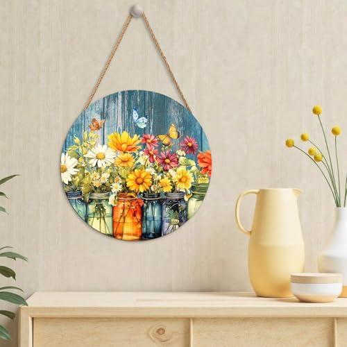 Harooni Spring Summer Floral Door Sign Decor Spring Welcome Wreaths for Front Door Summer Wildflower Vase Butterfly Wood Wreath Farmhouse Front Door Hanger Sign for Indoor Outdoor Decor 12 Inch - Image 5