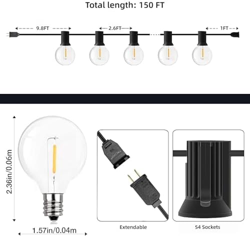 GPATIO Outdoor String Lights, 150FT G40 Bulbs Shatterproof Patio Lights, Waterproof Dimmable Hanging Outdoor Lights, Connectable LED Outside Lights for Backyard Yard Gazebo Porch Party - Image 6