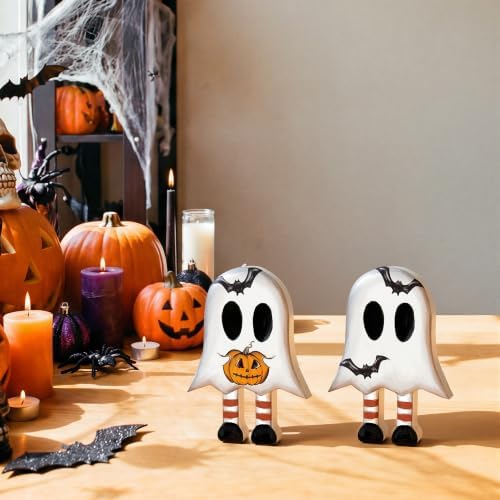 Smile Halloween Wooden Standing Decor Set Cute Ghost with Bat and Pumpkin - Image 3