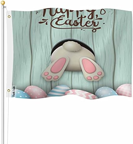 Yekiua Happy Easter Flag 3X5 Bunny Tail Rabbit Easter Pink Blue Eggs Uv Fade Resistant Vivid Color - Canvas Header Double Stitched Flag With Brass Grommets by Yekiua