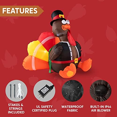 Joiedomi 6 FT Thanksgiving Inflatable Turkey Decorations, LED Light Up Turkey with Pilgrim Hat, Blow Up Decor for Thanksgiving Outdoor Decorations, Halloween Inflatable for Yard Garden - Image 6