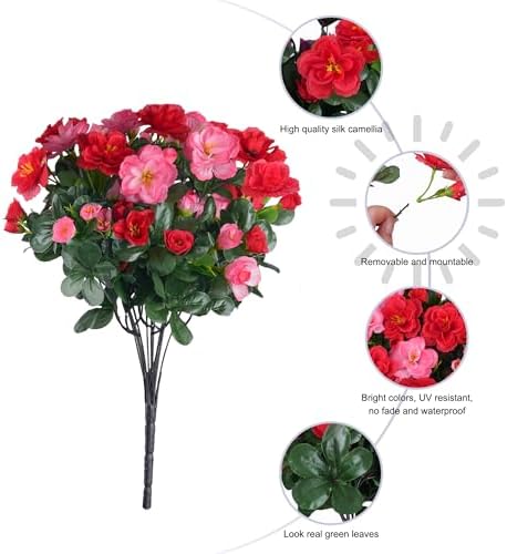 Artificial Faux Outdoor Flowers Plants for Spring Summer Decoration, Fake Silk Camellia UV Resistant Look Real for Planter Outside Front Door Porch Patio Balcony, 3 Large Bundles (Melon Red+Red) - Image 3