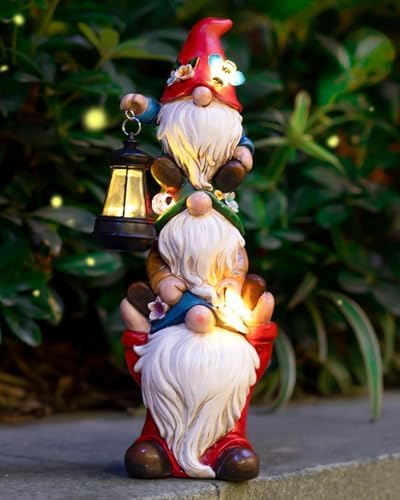 twinbling 12 in Garden Gnome Statue with Solar Lights Birthday Gift for Mom Woman Grandma Garden Sculptures Funny Triple Gnome Outdoor Patio Lawn Yard Balcony Home Decor by Twinbling