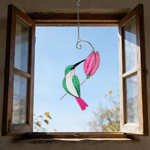Stained Glass Hummingbird Suncatcher, Green Bird, 13.4 Inch - Image 2