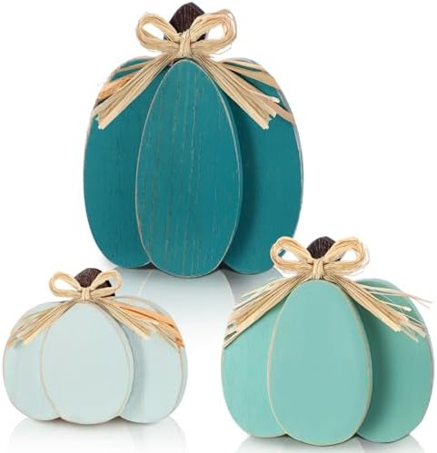 Ferraycle 3 Pcs Fall Pumpkin Decor Fall Wooden Signs 3D Pumpkin Tabletop Decor Farmhouse Sign Rustic Tiered Tray Decorations Block Centerpieces Standing Sign for Home Kitchen Harvest(Blue Color) by Ferraycle