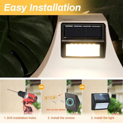 Bright Solar Fence Lights, 6 Pack Outdoor Step Lights, IP65 Waterproof, 3000K Warm-White, Dusk to Dawn Outdoor Lighting with 6 LED for Wall, Garage, Patio, Exterior, Porch - Image 6
