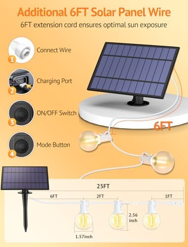 Larkvue 25FT Solar String Lights with Remote, 3 Modes, 11 G40 Bulbs, White - Image 4