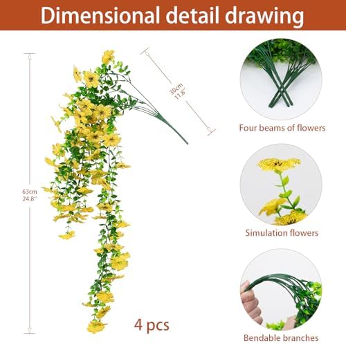LikSoor 4 Pcs Artificial Outdoor Hanging Plants Spring Summer Decoration UV Resistant Faux Silk Flowers for Outside, Garden, Porch, Window, Home Decor (Yellow) - Image 3