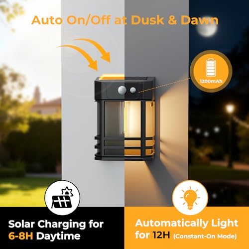 btfarm 6 Pack Solar Wall Lights Outdoor,3 Modes Motion Sensor Lights Dusk to Dawn, IP65 Waterproof Porch Light Solar Powered, 1200mAh Wireless Wall Mount Sconces for Outside Patio, Garage, Yard - Image 2