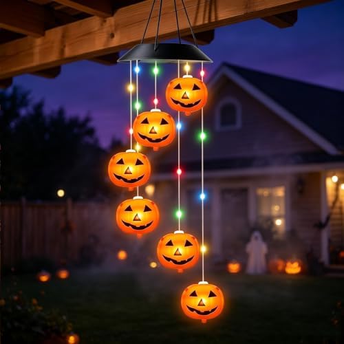 AVEKI Halloween Solar Wind Chimes Outdoor, Solar Mobile Wind Chime with 8 Lighting Modes, Waterproof Solar Powered LED Hanging Lamp for Outdoor Garden Festival Decoration (Pumpkin) by AVEKI