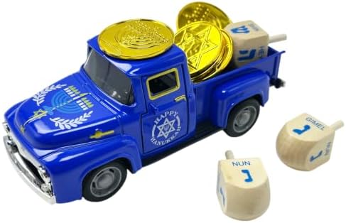 Hanukkah Truck Decor with 3 Wooden Dreidels and Gold Gelt Coins, 5.7-Inch by YIPRONS