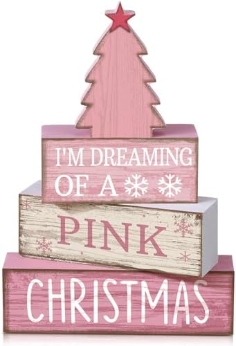 Lineshading 4 Pcs Wooden Christmas Decor Pink Tree Signs Tiered Tray by Lineshading