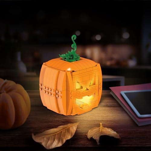 Brickcraft Brick O’-Lantern Building Kit, 233 Pieces | Halloween Pumpkin Decoration with 3 Interchangeable Faces & 2 Flickering Light Bricks | DIY Fall & Thanksgiving Jack-O’-Lantern Gift, Ages 8+ - Image 6
