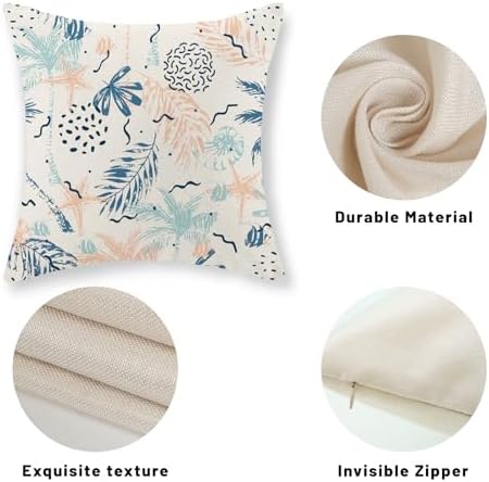 Summer Pillow Covers 18x18 Set of 2 Blue Orange Tropical Seashell Starfish Palm Leaf Throw Pillows Art Botanical Decorative Pillowcase Linen Outdoor Farmhouse Cushion Case for Couch Sofa Decor - Image 7