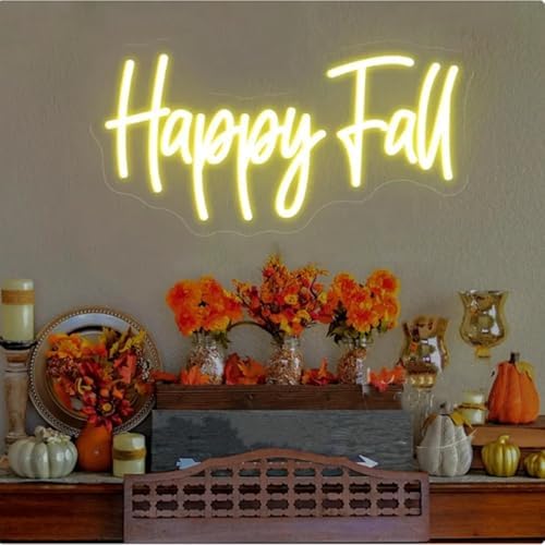 Happy Fall Neon Sign Light Decorative LED Wall Art Night Lamp with Dimmable Switch and Hanging Chain for Autumn Thanksgiving Fireplace Outdoor Garden Door Desktop Hanging Ornaments by HFHungkeong