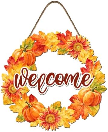 Harooni Welcome Fall Front Door Sign Fall Leaves Pumpkins Door Decorations Wood Sign Autumn Harvest Wreath Door Hanger Farmhouse Fall Plaques Wall Hanging Decoration for Home Proch Yard 11"x11" by welcometoourhome