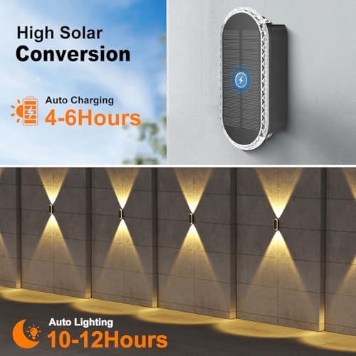 Ellasay Fence Lights Solar Powered: 2 Pack Solar Wall Lights Outdoor Up and Down IP67 Waterproof - 3 Colors Modes Brighter LED Lens Solar Lights Dusk to Dawn 12h for Backyard/Porch/Railing/Balcony - Image 5