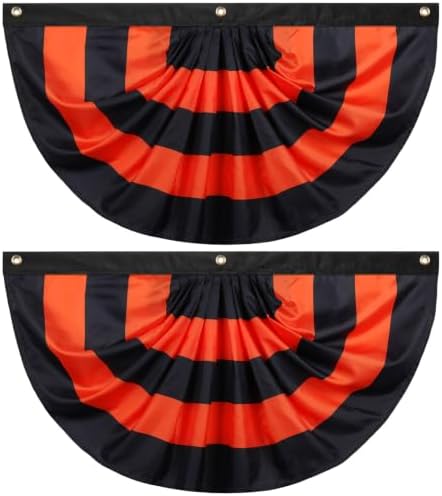 Newwiee 2 Pcs 3 x 1.5 ft Halloween Flag Bunting Half Fan Hanging Pleated Flag Banner with 3 Grommets for Halloween Indoor Outdoor House Party Holiday Yard Decorations Props, Black Orange by Newwiee