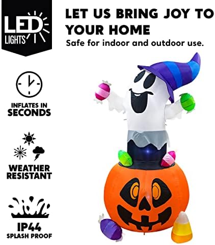 Joiedomi 5 FT Tall Halloween Inflatable Ghost Outdoor Decor, Blow Up Ghost Gripping Candy on Pumpkin with LED Lights, Halloween Yard Decoration for Garden - Image 3