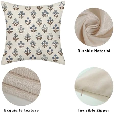 Blue Brown Pillow Covers 16x16 Inch 2 Pcs Block Print Vintage Floral Decor Throw Pillows Boho Flower Spring Summer Outdoor Seasonal Decoration Pillowcase Linen Cushion Cover for Couch Sofa - Image 7