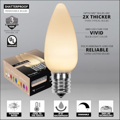 Wintergreen Lighting 25’ OptiCore LED Warm White Smooth/Opaque Pathway Christmas Lights, C9 Outdoor White Christmas Lights, 4.5” Stakes, Green Wire Plug String Lights - Image 3