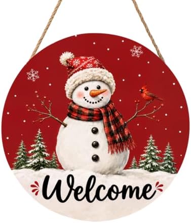Christmas Welcome Sign for Front Door Decor Xmas Snowman Snowflake Round Outdoor Hanging Wooden Door Sign for Porch Red Winter Holiday Wreath Hanger Sign for Outside Indoor Wall Decoration 12"X12" by Unknown