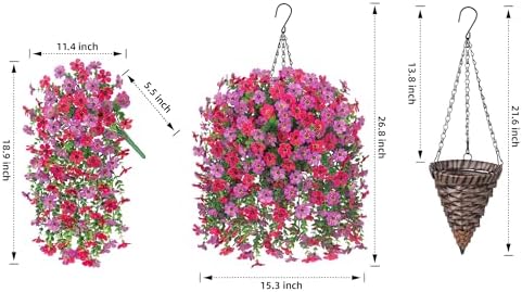 HyeFlora Artificial Hanging Flowers Basket for Outdoor, Fake Flowers Faux Plants Look Real for Yard Gardens Porch Patio Home (Purple+Hotpink) - Image 5