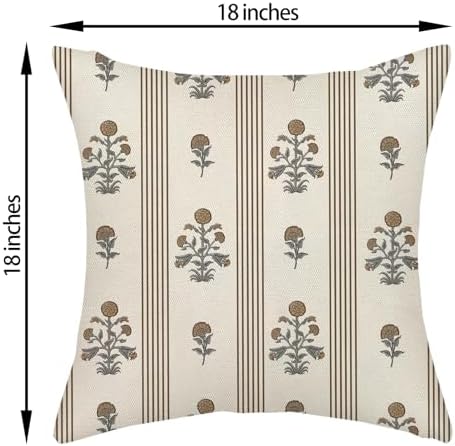 Brown Grey Pillow Covers 18x18 Inch Set of 2 Vintage Block Print Floral Throw Pillows Striped Flower Boho Decorative Pillow Cases Linen Outdoor Accent Linen Cushion Cover for Couch Sofa Bed - Image 2