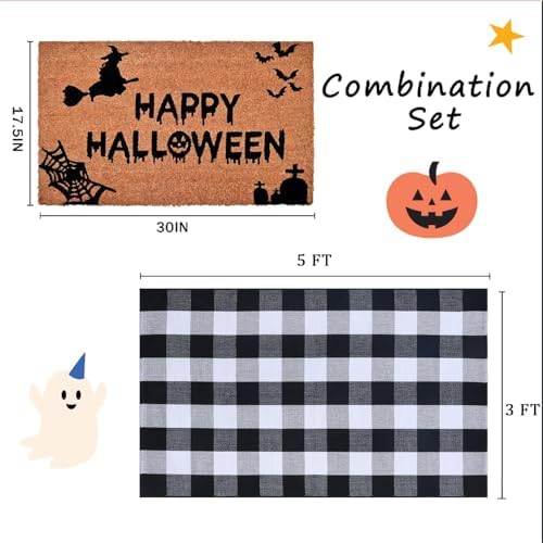 Halloween Decor Doormat Combo Set, 100% Coco Coir Welcome Mat + 3' x 5' Black and White Plaid Rug - Halloween Fall Front Porch Entryway Decor Floor Mat, Indoor Outdoor Autumn Mats Happy Halloween - Image 2