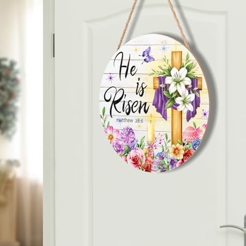 Harooni Easter Decorative Sign, 12x12in Modern Wooden Door Mount, Pastel, Bright, He is Risen, Twine, Rope - Image 7