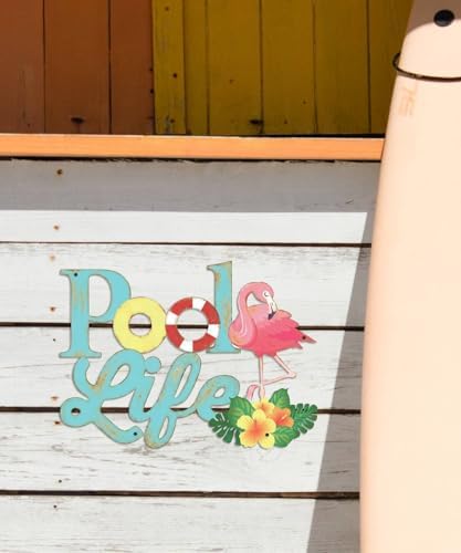 Putuo Decor Pool Life Metal Wall Art Decor, Coastal Metal Wall Art, Tropical Outdoor Decor Flamingo & Hibiscus Flower Design Swimming Pool Sign for Summer Beach Patio Poolside Bathroom Boat Decoration - Image 6
