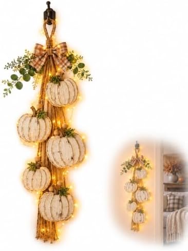 Rustic Wooden Pumpkin Door Hanging with Warm LED Lights, Rustic White Pumpkin Hanging Swag, Fall Decor Gift, Glowing Wreath, Farmhouse Porch Front Door Decoration Home(White with Light) by Unknown
