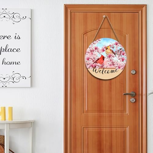 Welcome Spring Summer Cardinal Birds Front Door Sign 12"x12" Pink Blossoming Flower Floral Wood Door Hanger for Outdoor Outside Porch Decor Farmhouse Seasonal Wreaths for Front Door Wall Hanging Sign - Image 5