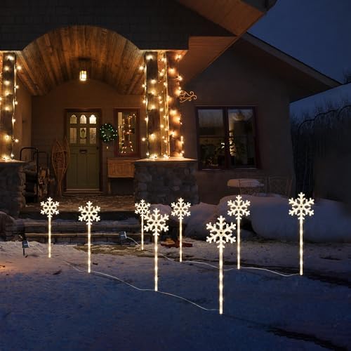 Solar Christmas Pathway Lights Outdoor, 8 Pack White Snowflake Garden Stake Lights – Waterproof Solar Powered Decorations for Patio, Yard, Lawn & Porch （Warm White） - Image 4