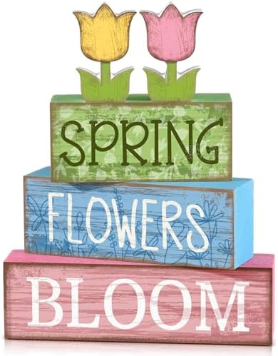 Moucuny 4 Pcs Spring Wooden Block Signs Farmhouse Table Tiered Tray Decor by Moucuny