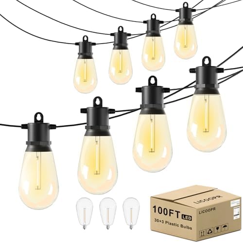 100 FT Outdoor String Lights IP65 Waterproof Patio Lights with 30 + 3 Shatterproof LED Bulbs Commercial Grade LED String Lights Connectable Hanging Decorative Lights for Outdoor Terrace Yard by LicooprDecorationYourLife