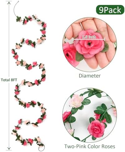 9 Pack 72 FT Artificial Flower Garland Fake Pink Roses Vines Silk Flowers - Image 3