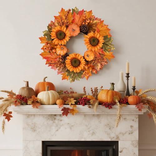 20 Inch Fall Wreaths for Front Door, Autumn Wreath with Hanger - Image 3