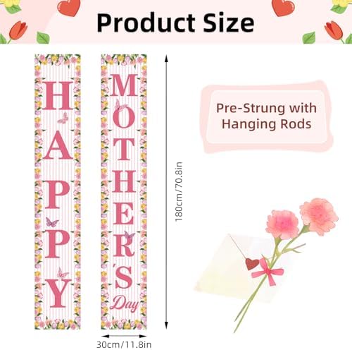 71 x 12 Inches Happy Mother's Day Door Banner Porch Sign for Doorway Yard, Floral Tulips Butterflies and Stripes Theme Decor, Outdoor Indoor Front Door Wall Large Hanging Welcome Sign Party Decoration - Image 2