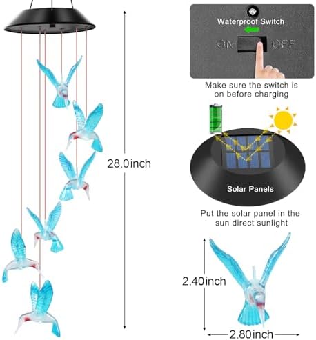 WENANA Solar Wind Chimes, Blue Hummingbird Gift for Mom - Image 2