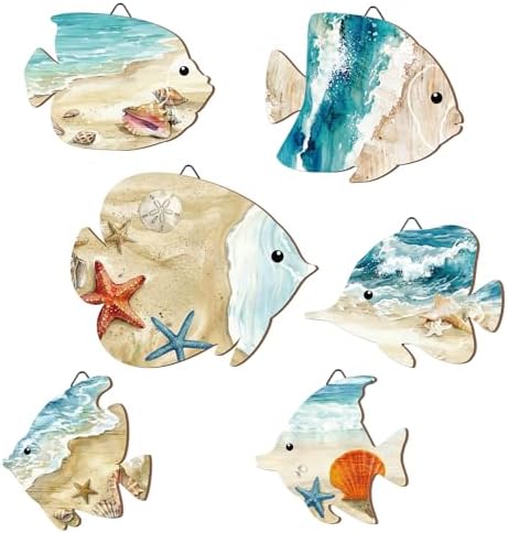CroBlissful 6 Pcs Summer Fish Wall Decor Beach Coastal Wood Wall Art by CroBlissful