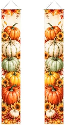 IVN Thanksgiving Watercolor Pumpkin Porch Banners 12x71 Inch Set of 2 by IVN