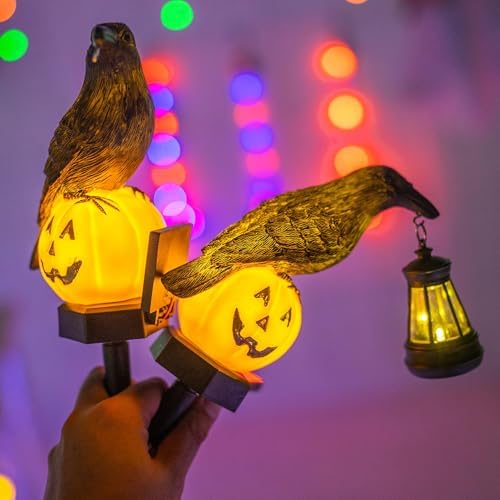 Dazzle Bright 2 Pack Halloween Crow Pathway Lights Outdoor, Solar Powered Resin Crow with Pumpkin Walkway Lights, Stake Light for Halloween Pathway Garden Lawn Yard Gifts Decoration - Image 6