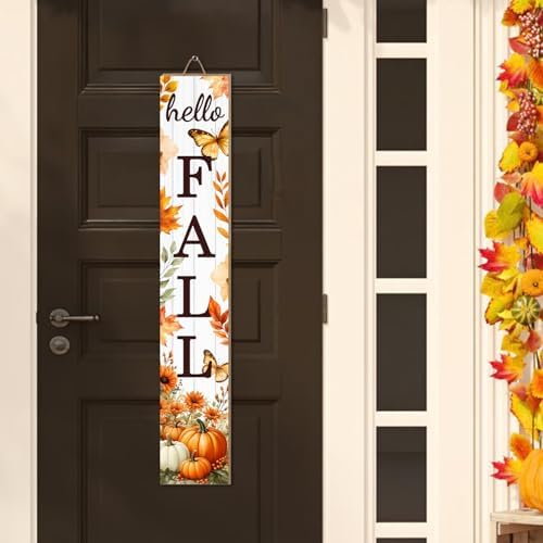 Hello Fall Porch Sign Autumn Pumpkin Maple Leaf Welcome Sign Vertical Standing Sign For Front Porch Decor Farmhouse Hanging Wall Sign for Patio Yard Party Indoor Outdoor Thanksgiving Decoration 47.2"H - Image 7